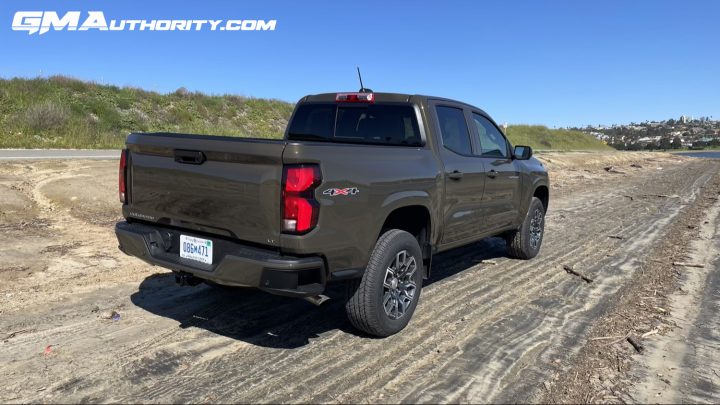 Rear-three-quarter views of 2023 Chevy Colorado.