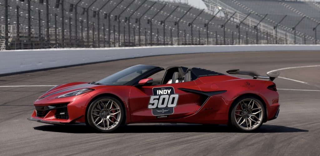 Shown here is the 2023 Chevy Corvette Z06 convertible Indy 500 pace car.