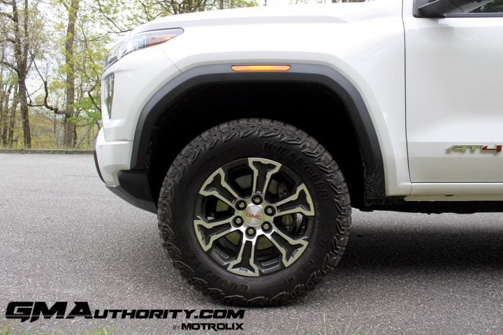 A photo of the 18-inch wheels on a 2023 GMC Canyon with Goodyear Wrangler Territory Mud Terrain tires.