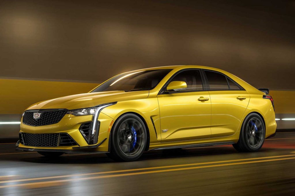 The 2024 Cadillac CT4-V Blackwing In Cyber Yellow Metallic.