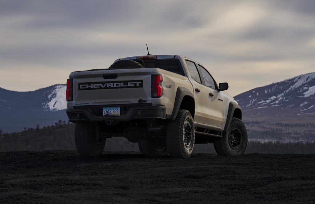 Rear three quarters view view of the 2024 Chevy Colorado ZR2 Bison.