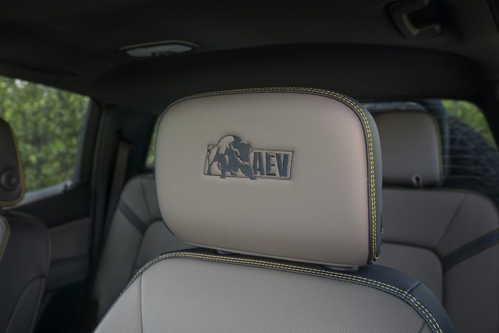 Headrest detail with bison and AEV logo in the 2024 Chevrolet Colorado ZR2 Bison cabin.