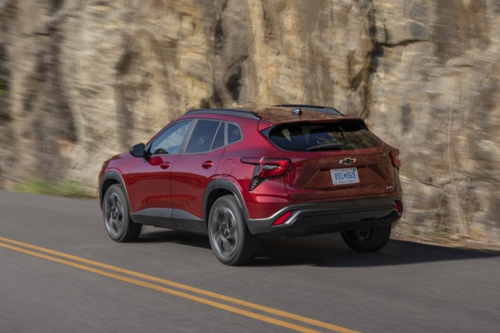 Rear three quarters view of the 2024 Chevy Trax.