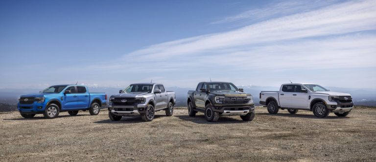 New 2024 Ford Ranger Debuts As Colorado Canyon Rival Video   2024 Ford Ranger Lineup XL STX On Left Lariat Raptor XLT Sport On Right 768x331 