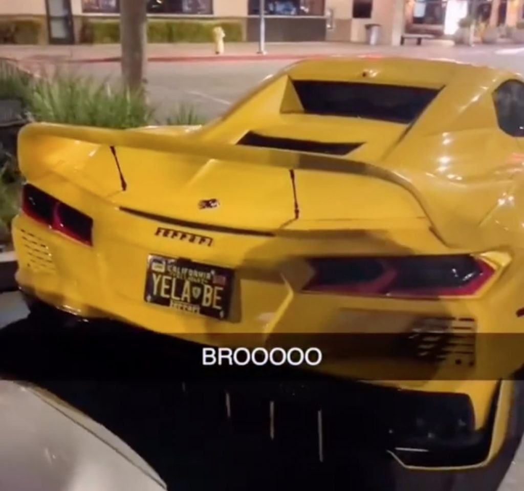 Viral video screenshot showing a Ferrari-badged C8 Corvette.