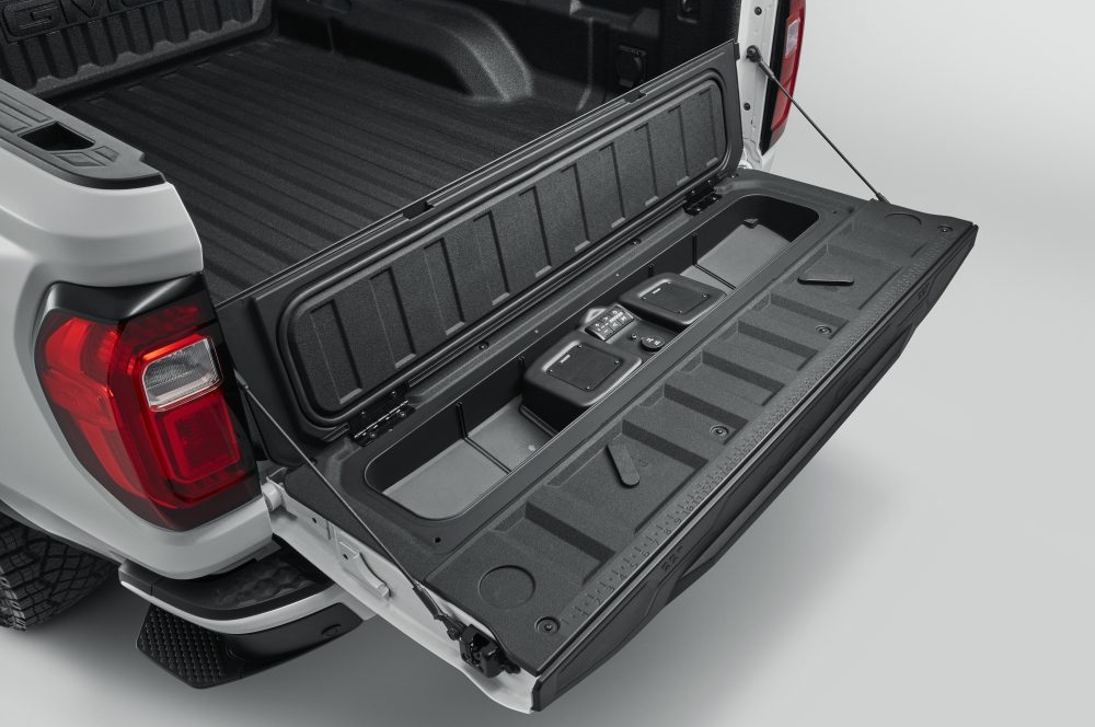A photo of the Kicker audio system for the GMC MultiStow tailgate.