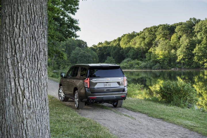 Rear-three-quarter 2024 Chevy Tahoe.