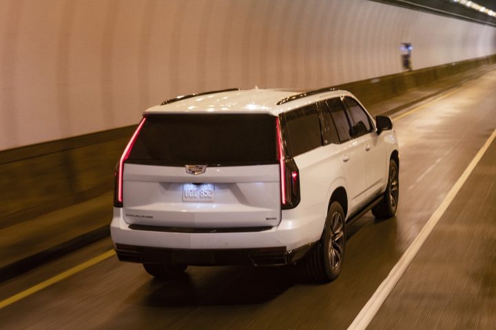 Rear three quarters view of the Cadillac Escalade ESV. 