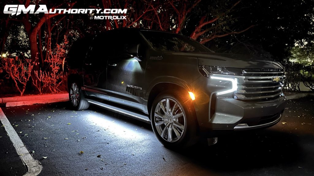 Exterior lighting of the 2023 Chevy Suburban at night.