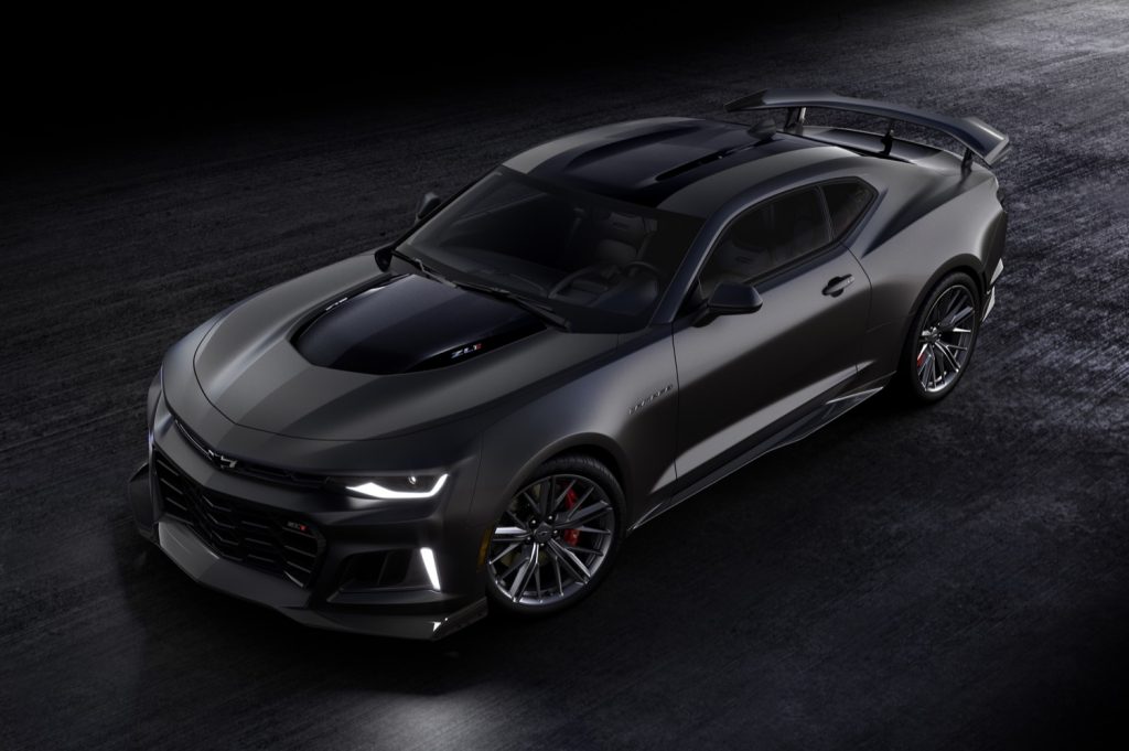 Overhead front three quarters view of the 2024 Chevy Camaro Collector Edition ZL1 trim.