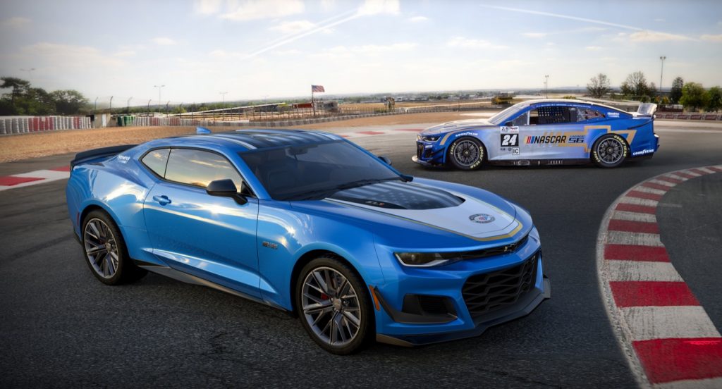 The 2024 Chevy Camaro ZL1 Garage 56 Edition next to the race car which inspired it.