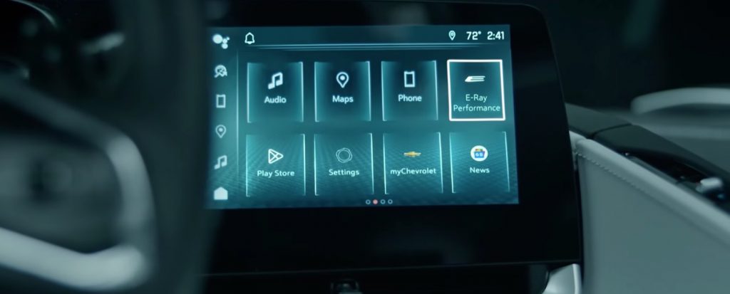 The infotainment screen in the 2024 Corvette E-Ray, highlighting the new Performance app.