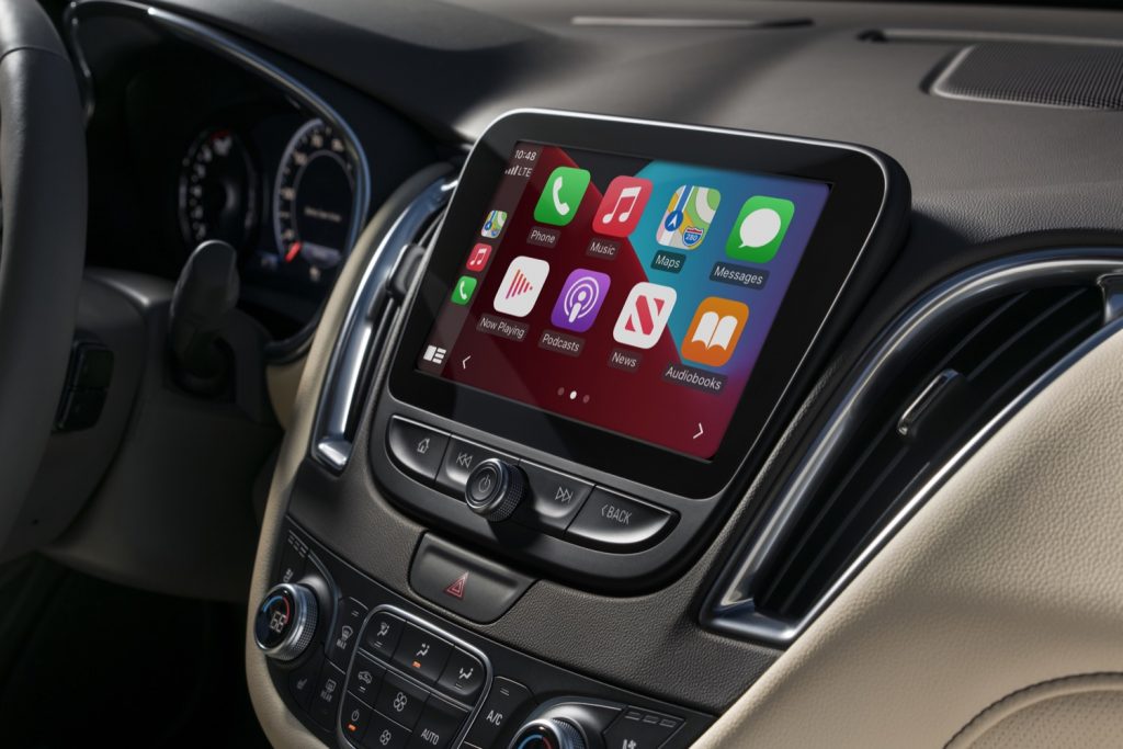 A GM infotainment screen showing Apple CarPlay in the 2024 Chevy Malibu.
