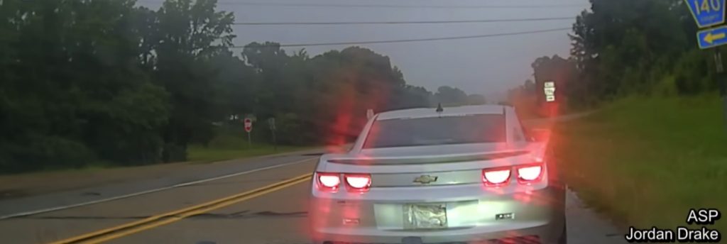 A Chevy Camaro involved in a high-speed pursuit with Arkansas police.