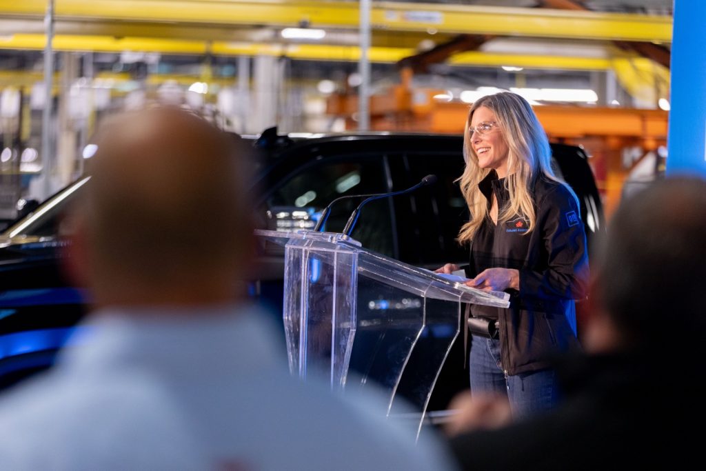 GM Canada President and Managing Director Marissa West speaks at the GM Oshawa plant in Canada.