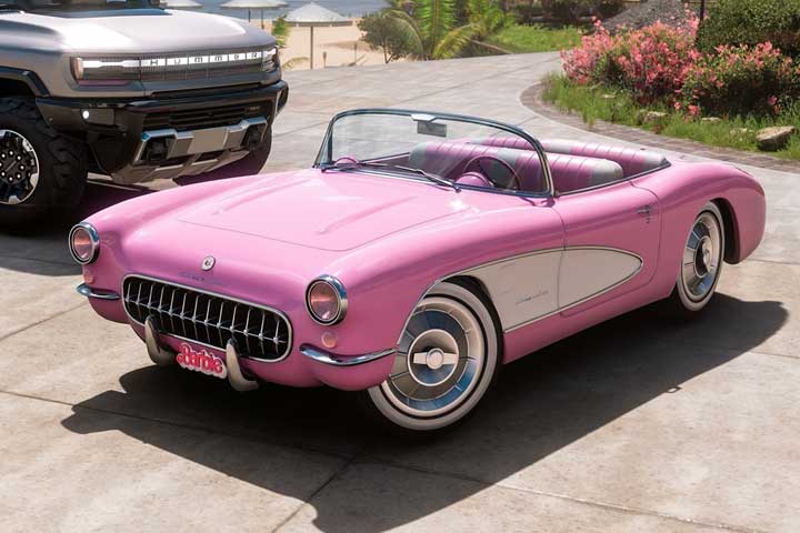 Front three quarters view of the Barbie 1956 Chevy Corvette.