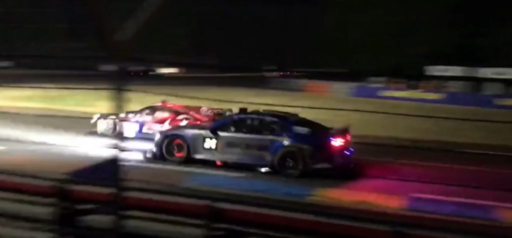 The NASCAR Garage 56 Chevy Camaro hard on the brakes at the 24 Hours of Le Mans.