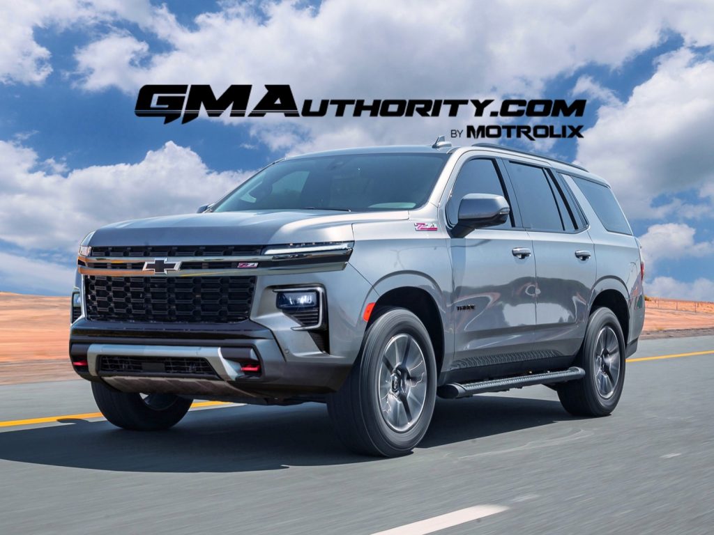 A front three-quarter angle view of a GM Authority rendering of 2025 Chevy Tahoe.