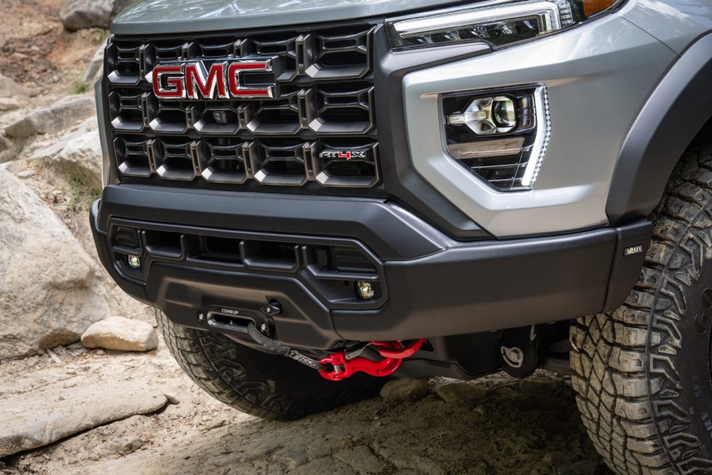Detail of the 2024 GMC Canyon AT4X AEV Edition front bumper.