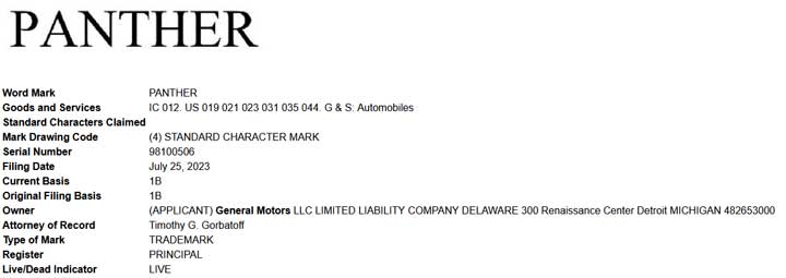 GM trademark filing for the name Panther.
