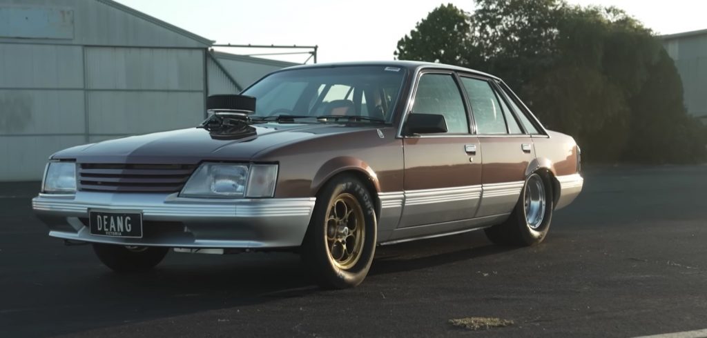 A 1985 Holden VK Commodore modified for burnouts and straight-line speed.
