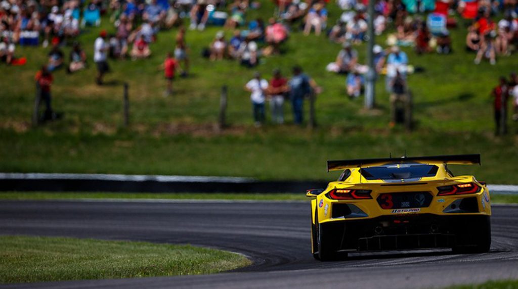 Corvette Racing C8.R around the Lime Rock Park in July 2023.
