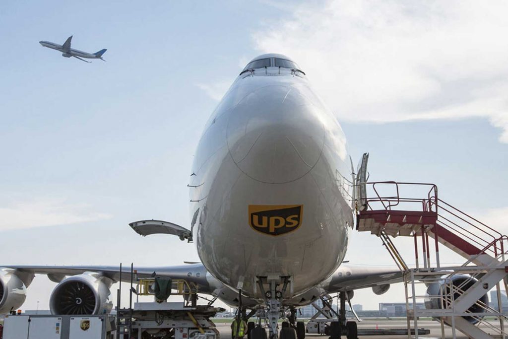 Front view of an UPS cargo aircraft. 