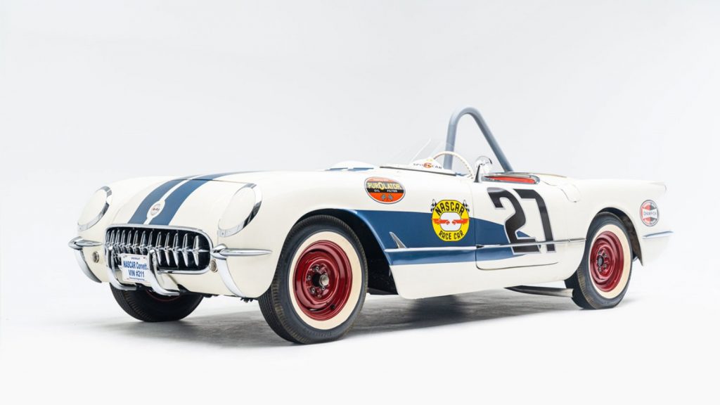 Image of a 1953 NASCAR-prepped Corvette on display at the Petersen Museum.