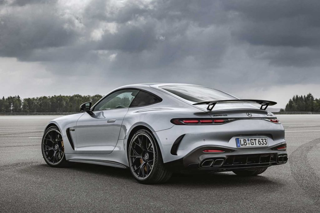 Rear-three-quarter photo of 2024 Mercedes-AMG GT Coupe.