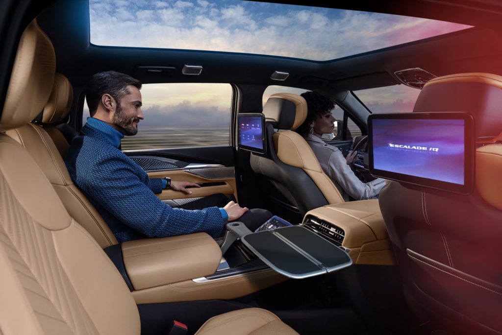 The interior of the 2025 Cadillac Escalade IQ equipped with the Executive Second-Row Seating Package.
