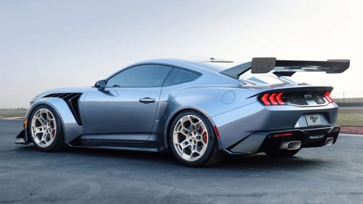 2025 Ford Mustang GTD rear three quarter angle.