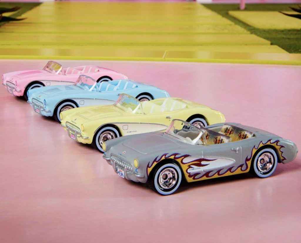 Photo of each of the Barbie Corvette models in a row.