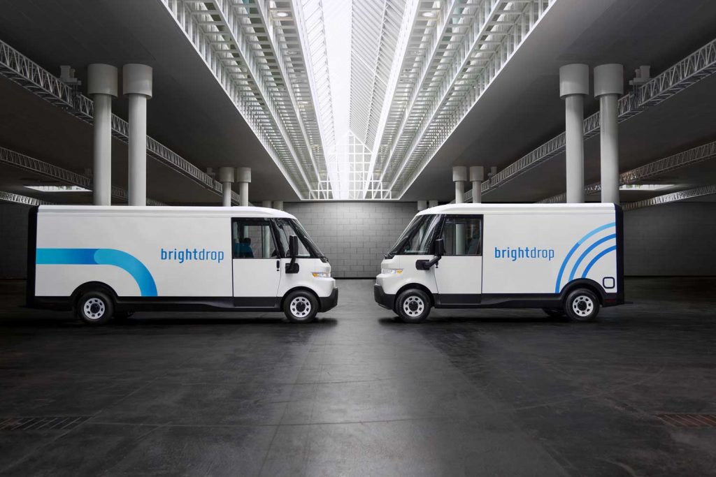 The all-electric BrightDrop Zevo delivery vans.