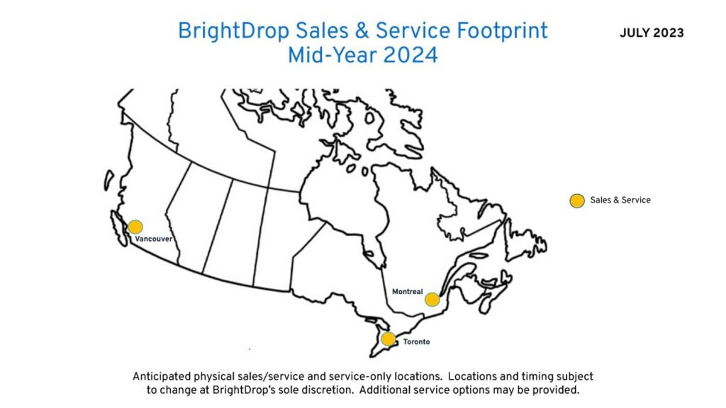 Map of upcoming Canadian BrightDrop locations. 
