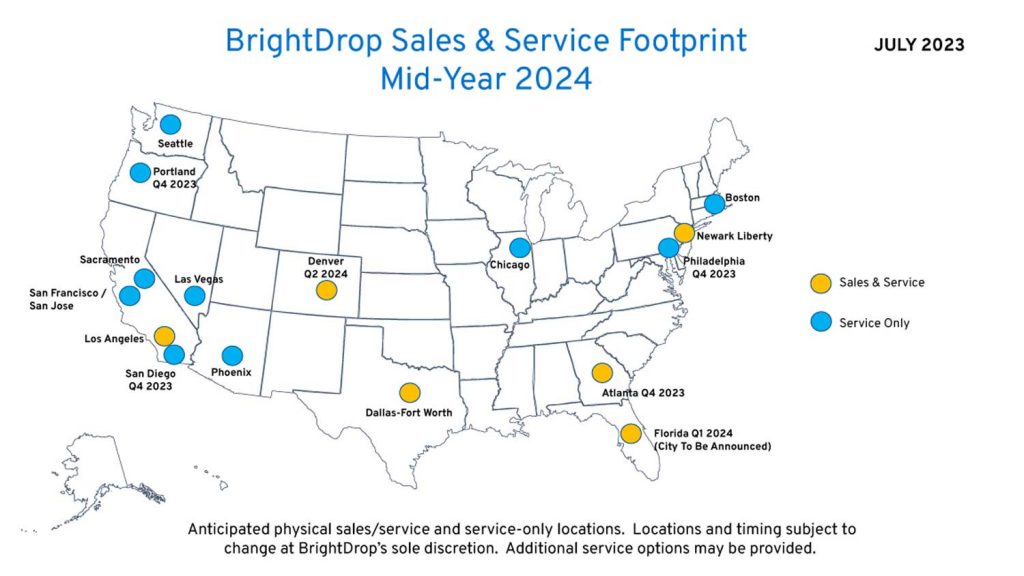 Map of upcoming U.S. BrightDrop locations.