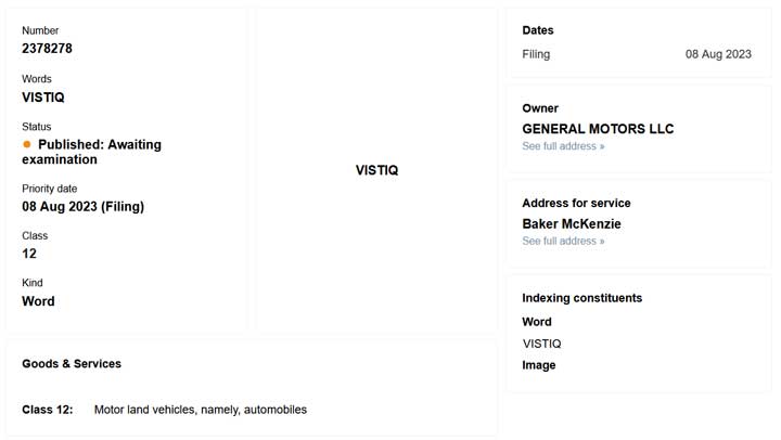 The GM trademark filing for the Vistiq name in Australia.