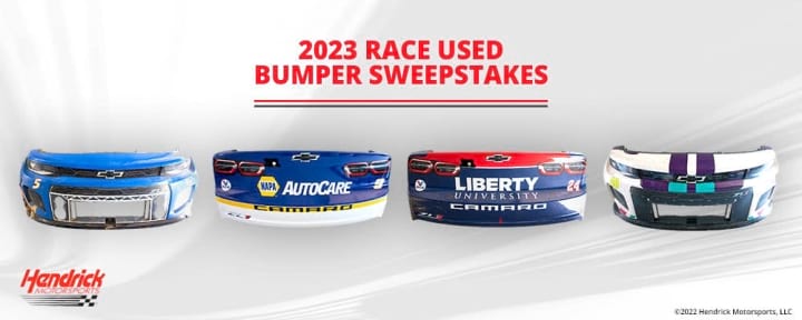The four NASCAR bumpers offered as the Hendrick Motorsports sweepstakes prize.