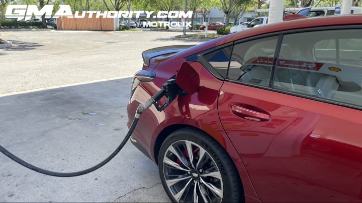 A Cadillac CT5-V Blackwing is refueled after expending its estimated driving range.