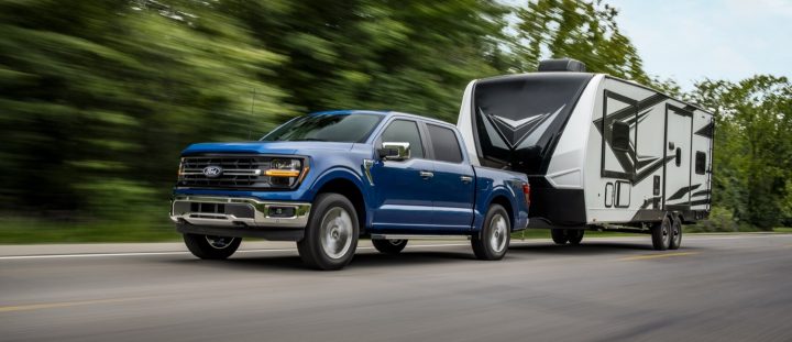 Front three quarters view of the Ford F-150. 