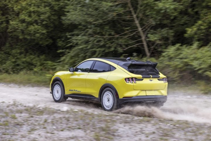 Ford Mustang Mach-E driving on a trail.