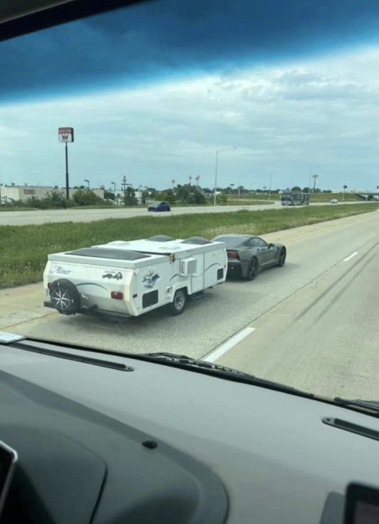 Photo of C7 Corvette pulling pop-up trailer.
