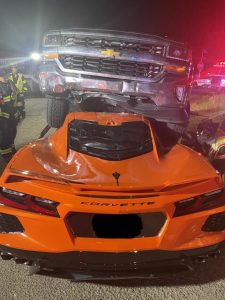A Chevy Silverado ran over a C8 Corvette, but luckily no one was hurt.