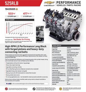 Spec sheet for the Chevrolet Performance 525RLB GM engine.
