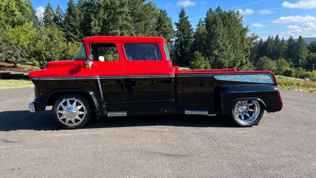 Side view of the 1955 Chevy COE heading to auction.