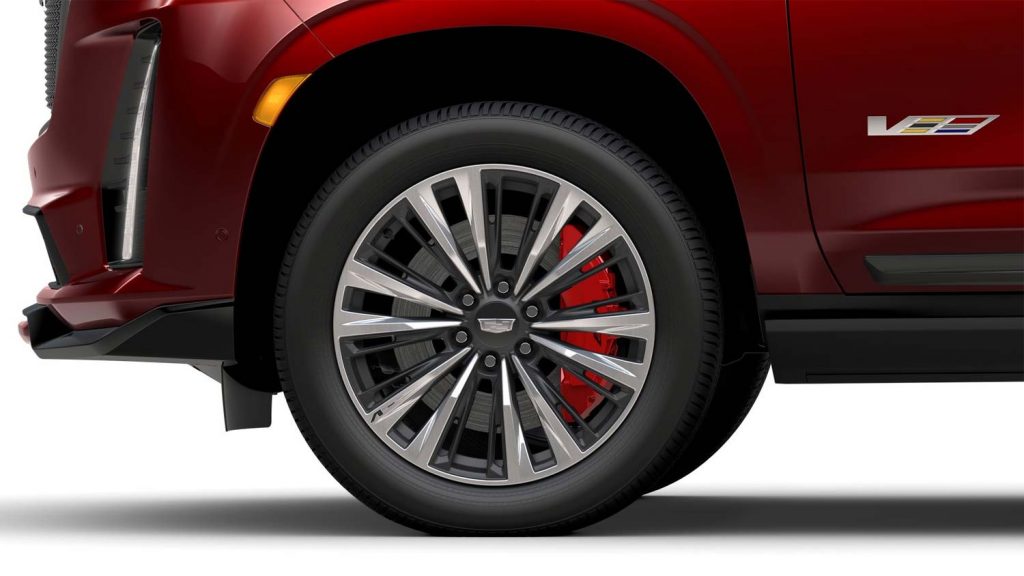 Photo of 22-inch Forged Multi-Spoke Polished alloy wheel with Dark Android finish and Laser Etching (RPO code SSV), which is unavailable on the 2024 Cadillac Escalade-V.