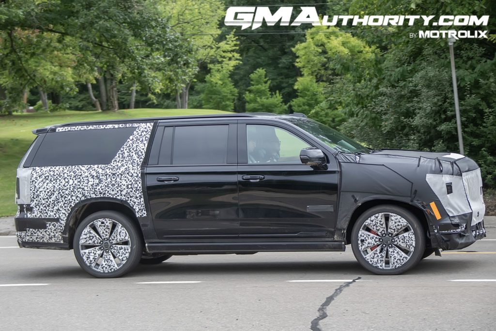 A photo of a 2025 Cadillac Escalade-V ESV prototype as it undergoes testing in October 2023.