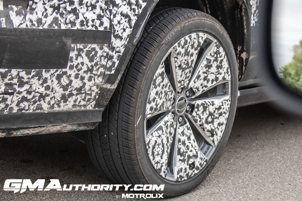 A photo of the upcoming 24-inch wheels on a 2025 Cadillac Escalade-V ESV prototype.