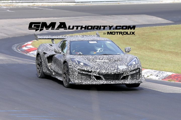 A photo of the front end of a C8 Corvette ZR1 prototype as it undergoes testing on the Nurburgring.