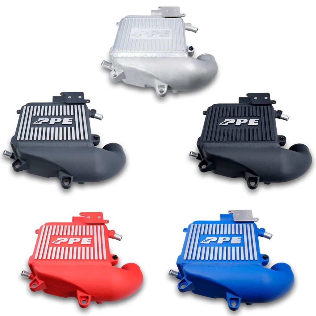 Five colors of the PPE Duramax intercooler.