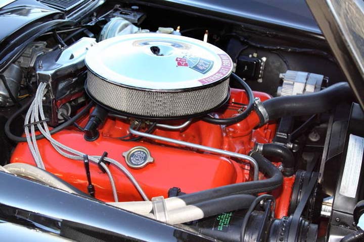 The engine compartment of the 1966 Vette.